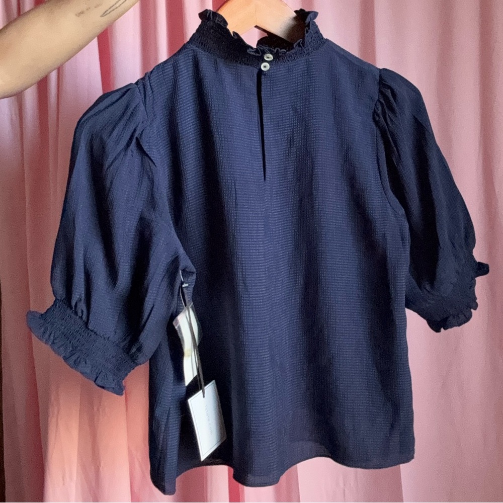 1State High Collared Dark Blue Blouse with Ruffle Trim | Small